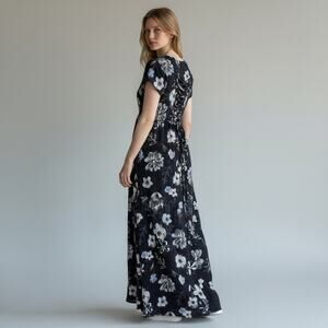 Hana Floral Blue Dress Short Sleeve Blue Botanical Corset Tie Back Maxi MED LG